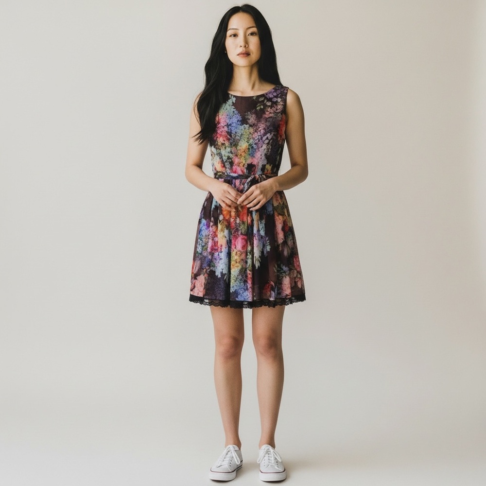 Betsey Johnson Floral Chiffon Tie Waist Fit & Flare Dress Size 14